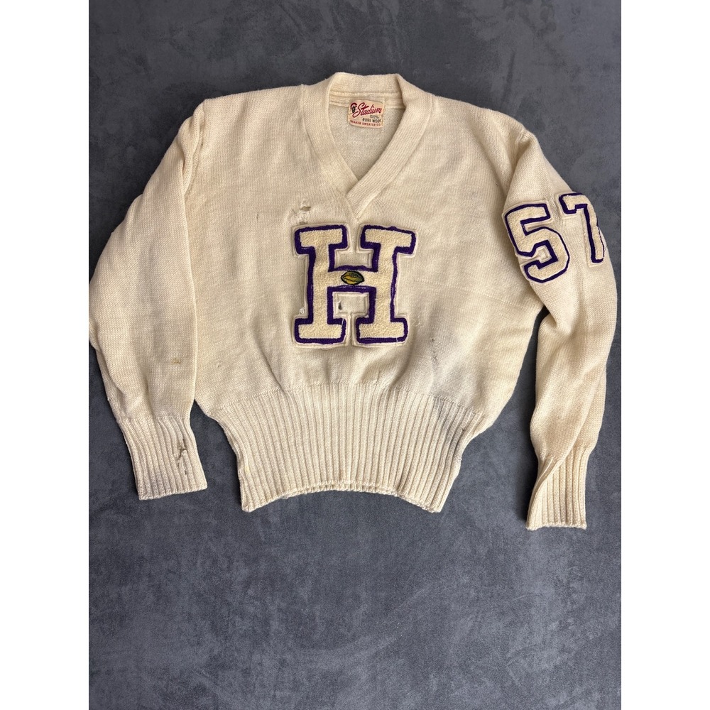 Vintage preppy Wool Letterman Colector Sweater Cream/Purple 1957